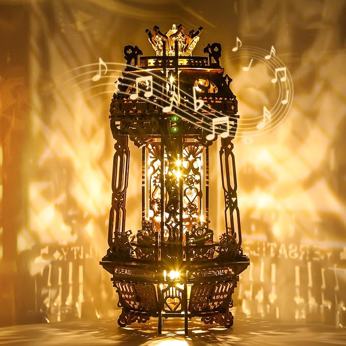 LED 3D Wood Puzzle Poker World Projector Lamp – DIY Craft Kit with LED Lights and Music Box – Creative Poker-Themed Lamp, Nightlight Gift for Home Décor (Black Walnut)