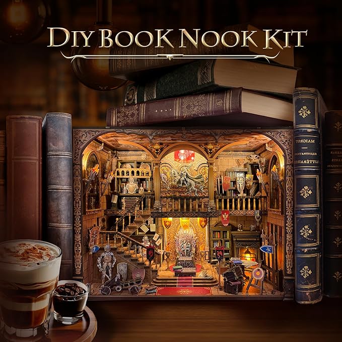 Book Nook Kit - DIY Medieval Castle Booknook for Adults & Teens, 3D Wooden Puzzle Bookshelf Insert with LED Lights, Unique Creative Craft Gift for Home Decor & Model Building
