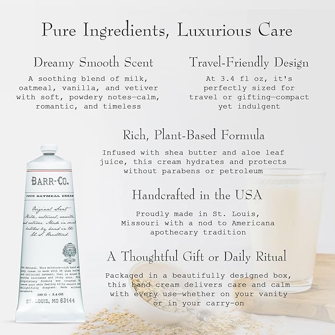 BARR-CO. Original Scent Shea Butter Hand Cream for Women & Men - Tranquil Milky Oat, Vanilla & Vetiver Hand Moisturizer for Dry Cracked & Working Hands - Moisturizing, Smooth Repair Cream, 3.4 fl oz