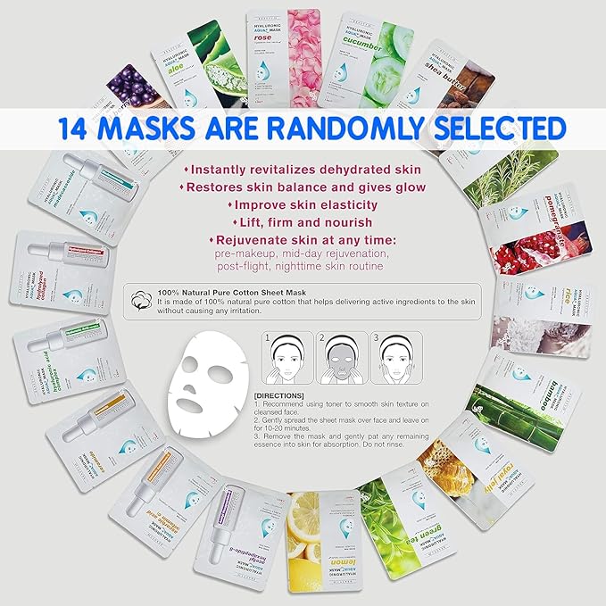 Hyaluronic Aqua Plus Essence Full Face Facial Sheet Mask 14 Sheets Combo - 2 WEEKS SET