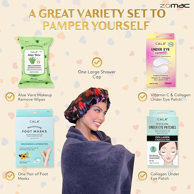 Face Mask Gift Set -10 Items- Cala Collagen, Cucumber, Aloe Vera, Vitamin C, and Hyaluronic Acid Face Masks, Eye Patches, and Foot Masks. Includes Gift Bag and Custom Shower Cap.