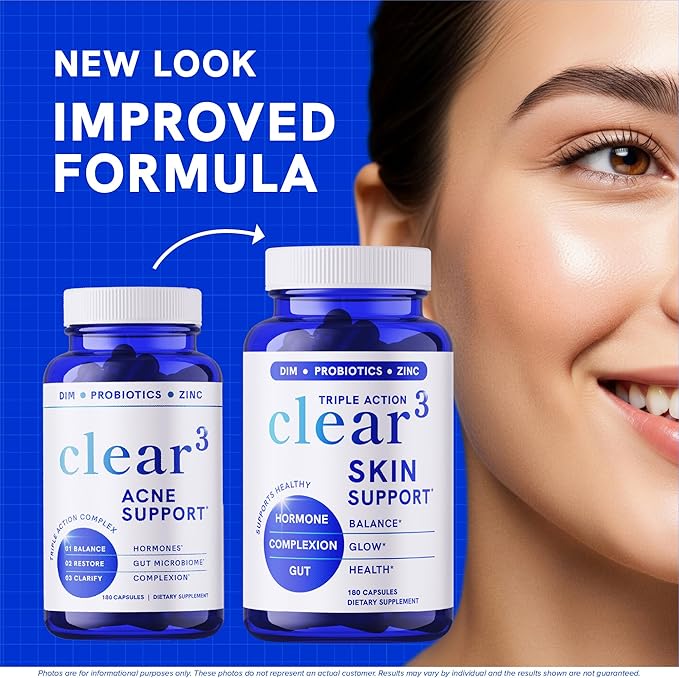 Clear Skin Acne Supplement with Zinc, DIM & Probiotics | 3-in-1 Balance, Clarify, Restore Support with Hyaluronic Acid & Skin Support Vitamins | for Women & Men | Oral Hormonal Acne Pills | 180 Ct