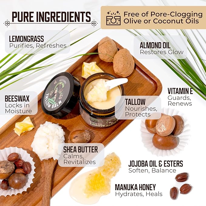 Grass-Fed Beef Tallow and Manuka Honey Balm, Eczema Face & Body Cream, Moisturizer for Dry Skin with Shea Butter, Almond & Jojoba Oil, Beeswax, Arrowroot, Vitamin E - Lemongrass - Made in Canada, 2 oz