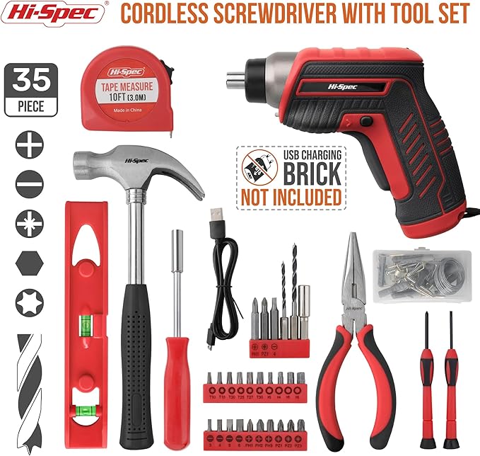 Hi-Spec 35pc Red Tool Kit with 3.6V USB Electric Screwdriver and Drill Set. Complete Basic Tool Set