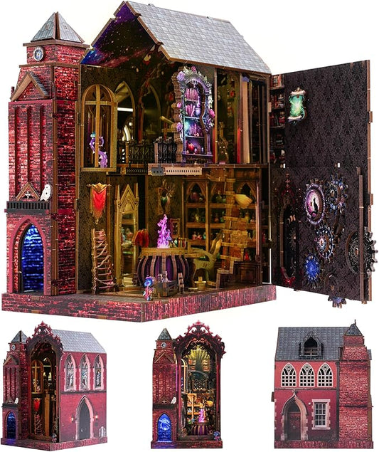 Book Nook Kit, DIY Miniature House Dollhouse Crafts Kit for Adults and Teens, Magic Castle 3D Wooden Puzzle Booknook Build Bookshelf Decor, Gifts for Family and Friends（Arcane Sprire）
