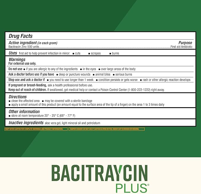 Bacitraycin Plus First Aid Antibiotic Wound Healing Ointment for Minor Cuts, Scrapes and Burns, with Bacitracin Zinc and Moisturizing Aloe Vera, Original, 1 oz, 2 Pack