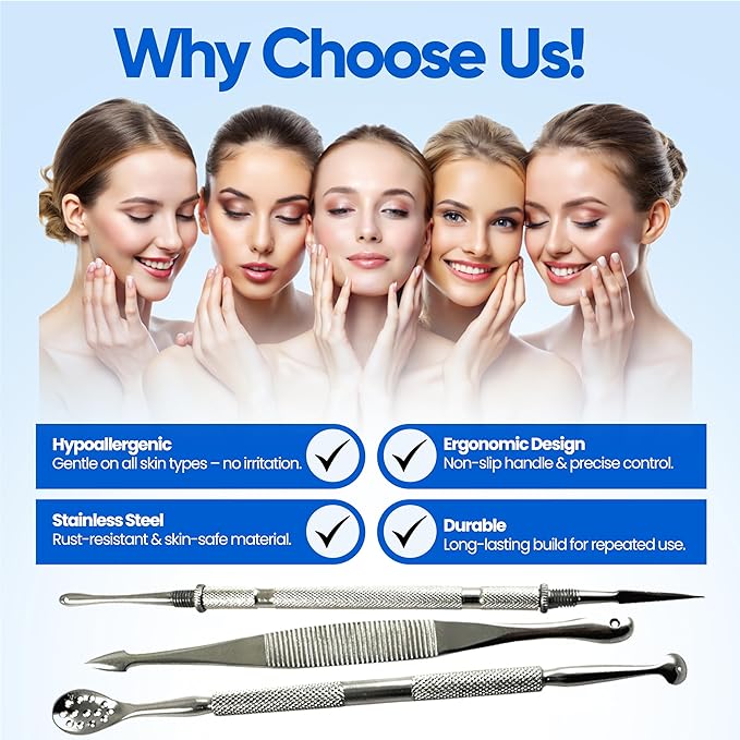 Blackhead Remover Extractor Pimple Popper Tools - Comedone Acne Zit Cleaner Kit for Nose Facial Pore Press Tool for Face Blemish Whitehead Popping Extractors, Stainless Steel 4 Pc Set by Krisp Beauty