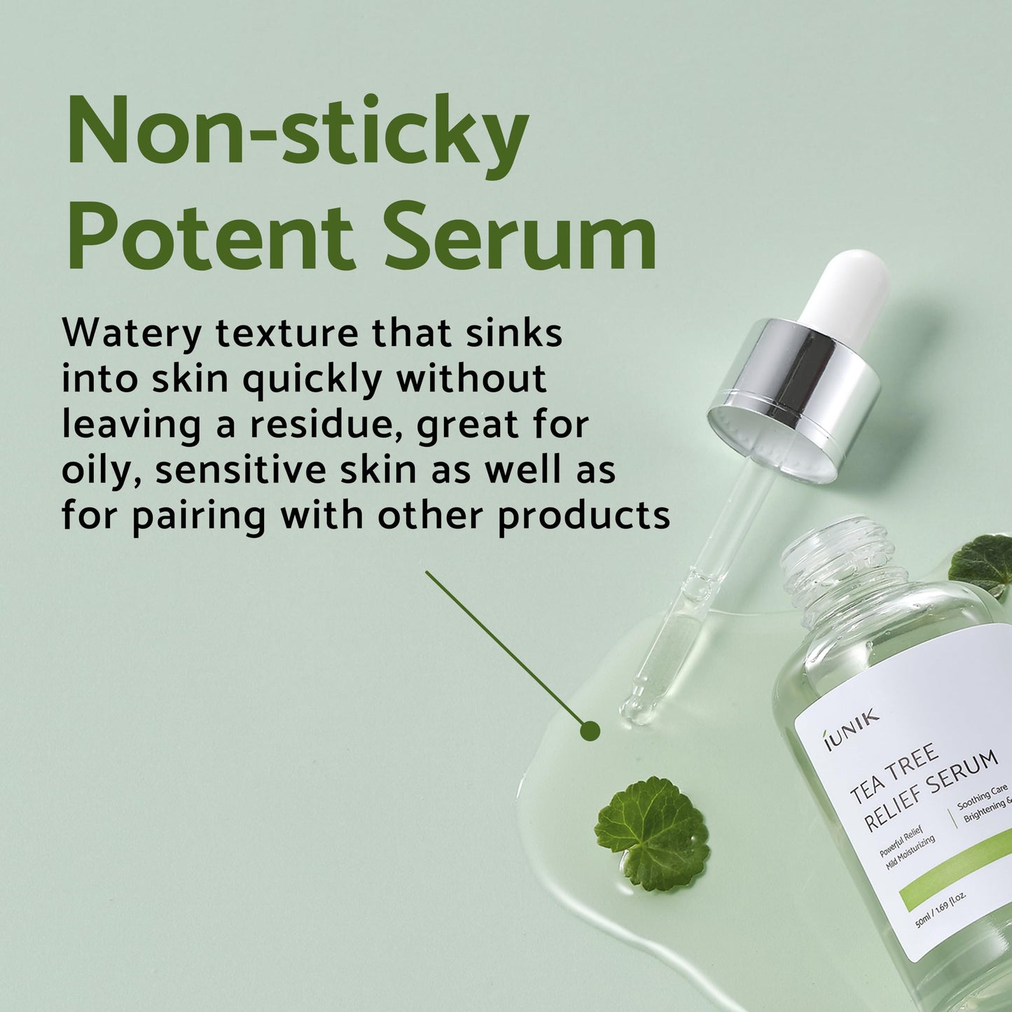 IUNIK Tea Tree Relief Vegan Serum for Acne-Prone Skin – Non-Sticky & Lightweight Facial Ampoule with Centella Asiatica for Soothing, Calming, and Balancing – Korean Skincare