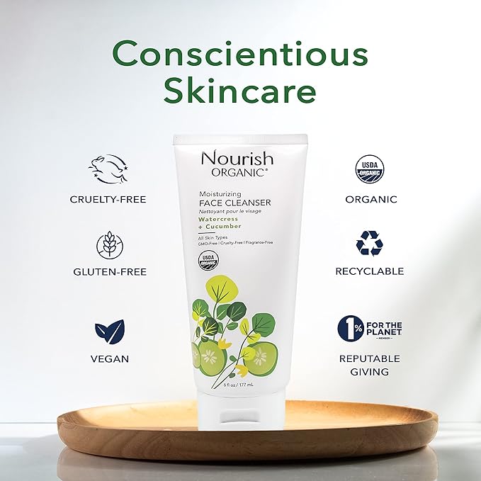 Nourish Organic Moisturizing Face Cleanser for All Skin Types, Watercress + Cucumber Face Wash, Fragrance-Free (6 Oz) + Washable Cotton Round