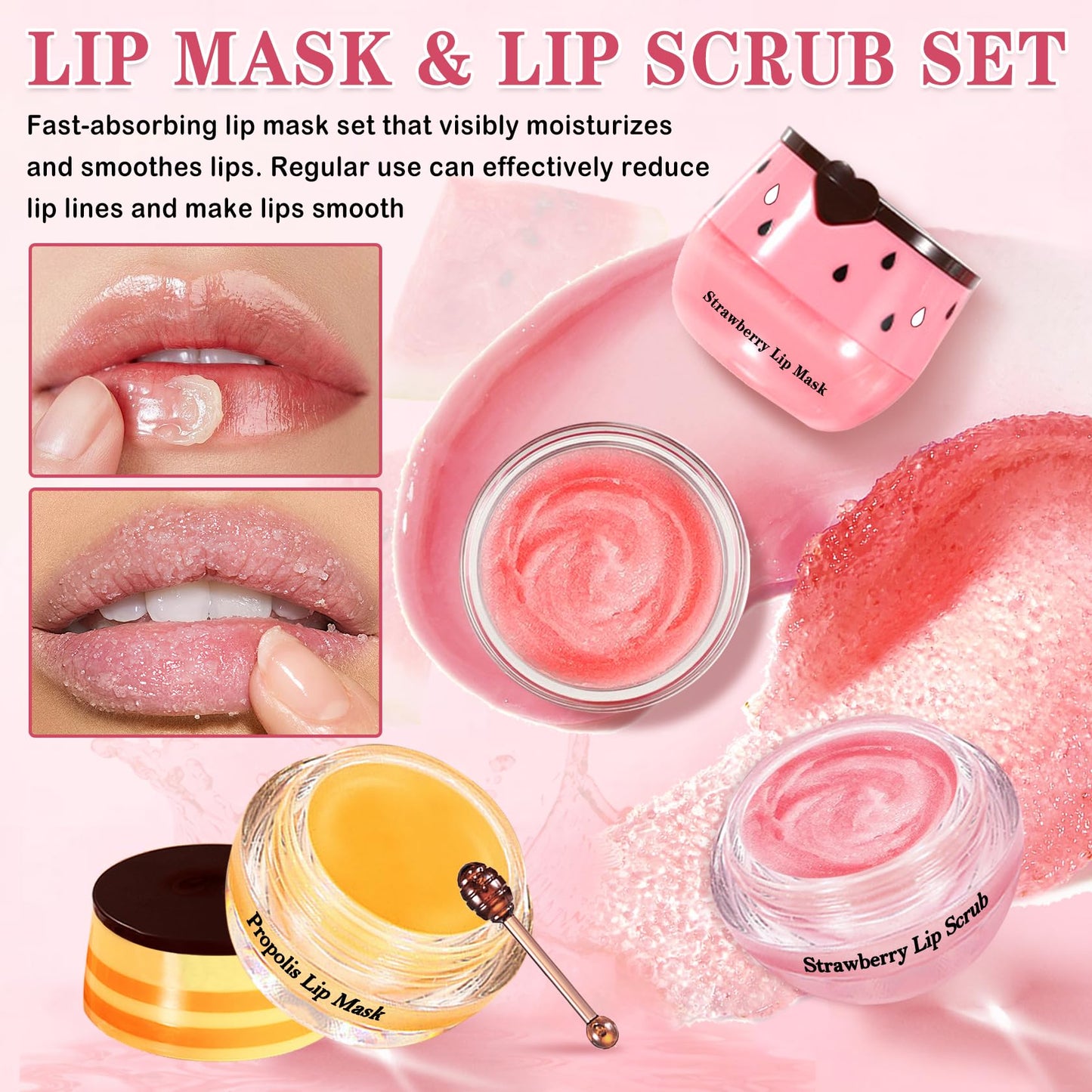 LZXLUKGIR 4PCS Lip Scrub and Mask Set,Strawberry and Honey Pot Lip Balm,Reduces Lip Lines Lip Exfoliator Scrub and Moisturizer,Repair Beebalm Lip Balm and Lip Scrub Set,Lip Mask Overnight