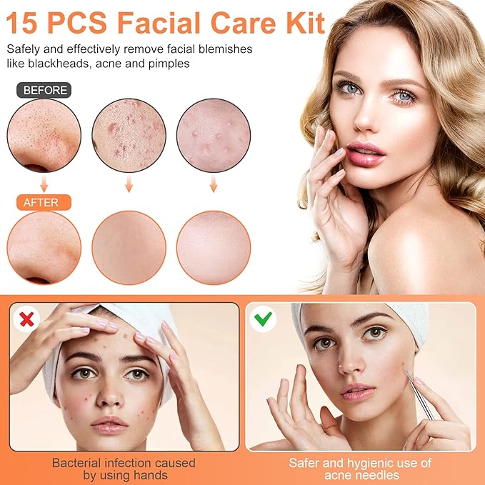 Pimple Popper Tool Kit, IUMAKEVP 15 PCS Professional Stainless Steel Blackhead Remover Comedone Extractor Tools for Removing Zit on Face - Acne Removal Kit with Metal Case (Silver)