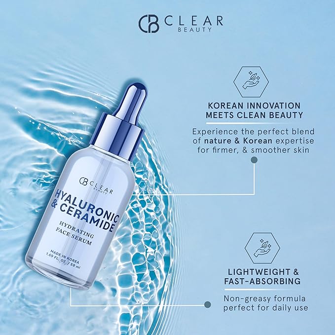 Hyaluronic & Ceramide Facial Serum - Dermatologist Tested, Anti-Aging, Korean Skin Care, Deep Hydration, Plumping & Smoothing - Vegan, Clean Beauty, Cruelty-Free, Non-GMO - 1.69 FL. Oz