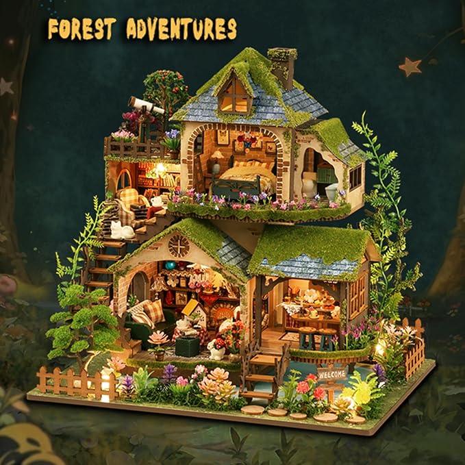 ISSEVE DIY Miniature House Kit, Tiny House Dollhouse Kit for Adults, Mini House Building Kits, Halloween Christmas Home Bookshelf Decoration, Gifts for Family and Friends (Forest Adventure)