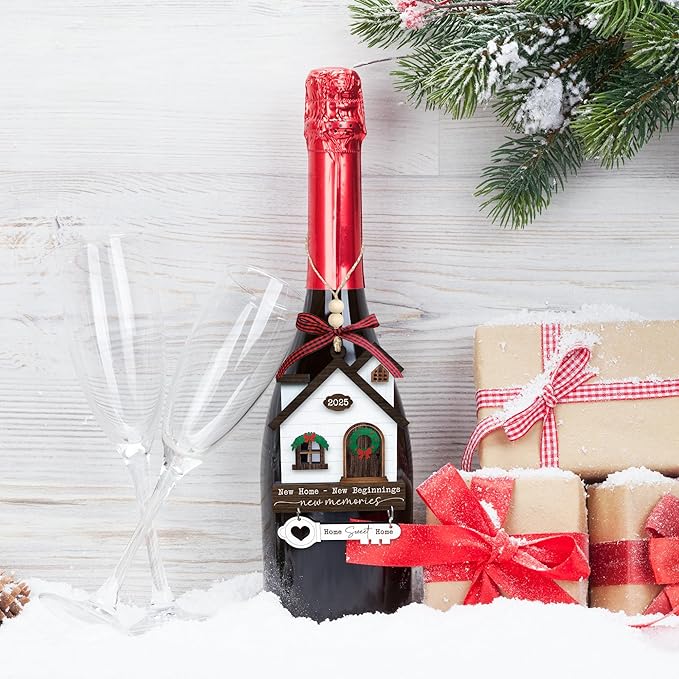 House Warming Gifts New Home Ornament 2025 - Wooden First Christmas in New House Keepsake Gift for Couple, Women, or Families - 3D Wood House & Key Design, Gift Box Included