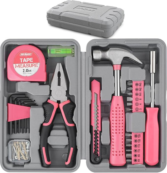 Hi-Spec Tool Set 25pc Pink Household DIY Tool Kit for Women. Small Mini Tool Box Set of Starter Basic Ladies Tools