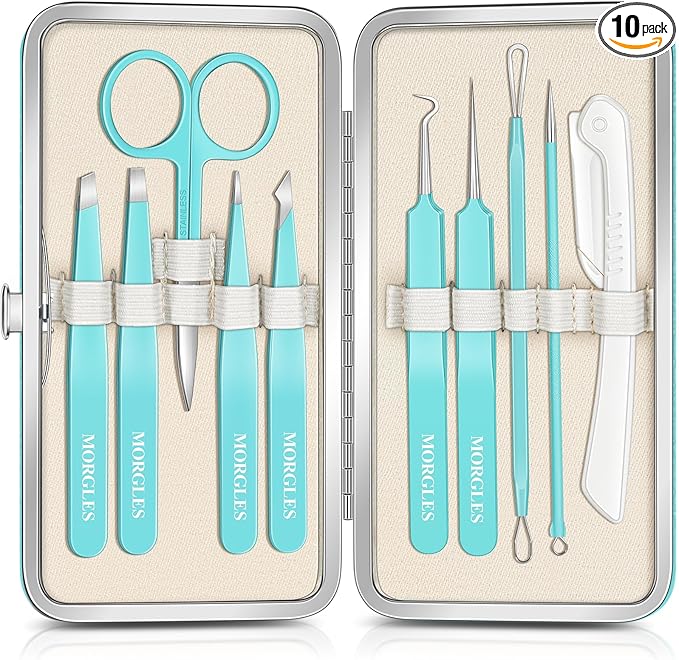 MORGLES Blackhead Remover and Pimple Popper Tool Kit, 10 Pcs Professional Acne Extractor Kit, Ingrown Hair Tweezers with Leather Travel Case for Face and Eyebrow Grooming