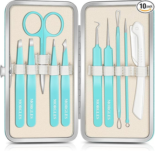 MORGLES Blackhead Remover and Pimple Popper Tool Kit, 10 Pcs Professional Acne Extractor Kit, Ingrown Hair Tweezers with Leather Travel Case for Face and Eyebrow Grooming