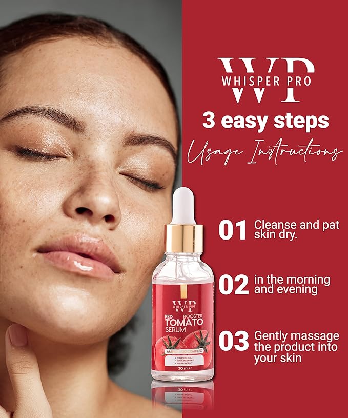Whisper Pro Red Tomato Face Moisturizing Serum 100% Vegan 1 fl oz. - Anti Aging and Hydrating Formula - Evening Skin Tone - Strengthening Skin Barrier - Lycopene Face Skin Treatment Serum
