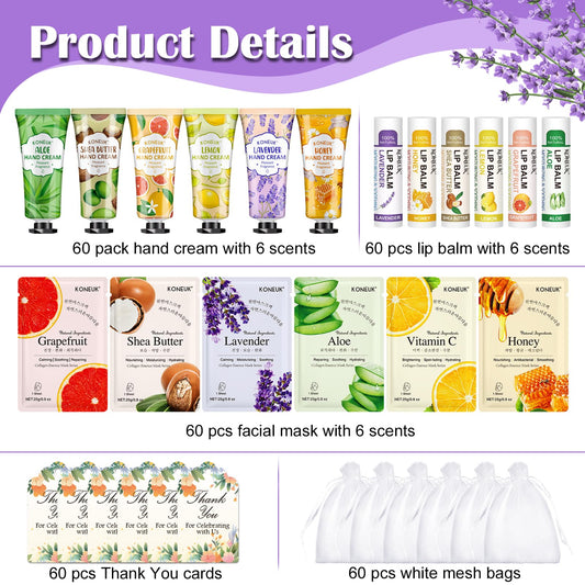 60 Pack Bulk Lip Balm, Facial Mask and Hand Cream Sets, Bridal Shower Favors, Thank You Gifts and Bridesmaid Gifts for Guests, Birthday Gifts, Adult Party Favors and Small Gifts for Women