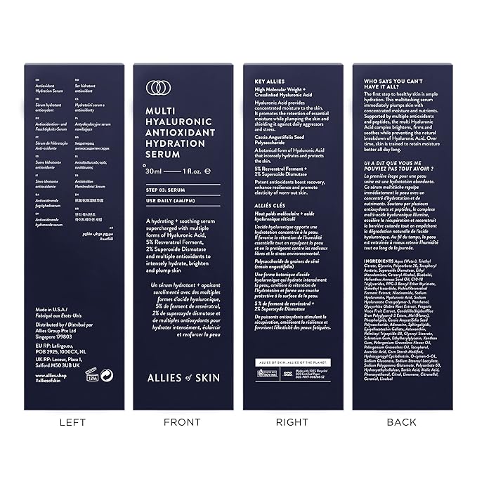 Allies of Skin Multi Hyaluronic Antioxidant Hydration Serum: Niacinamide, Vitamin E, Astaxanthin, Superoxide Dismutase. Anti-Aging. Intensely Hydrates, Brightens & Strengthens Skin 1 oz / 30 ml