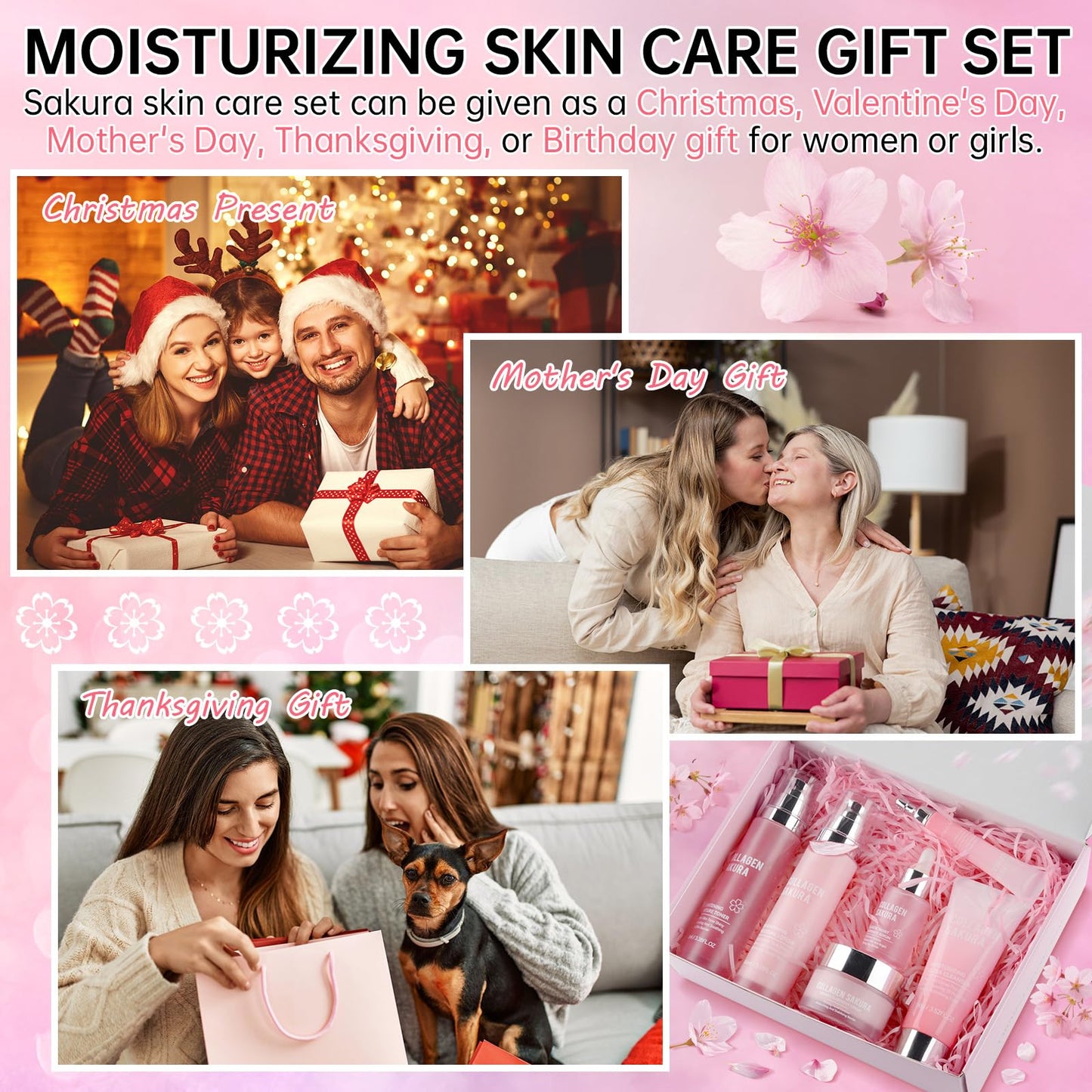 Collagen Sakura Skincare Gift Set, Cherry Blossom Skin Care Set for Teen Girls & Women, Moisturizing & Revitalizing Skin, 6Pcs Collagen Skin Care Routine Kits for Face, Korean Daily Skin Care