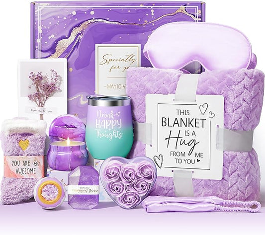 Birthday Gifts for Women Self Care Gifts Get Well Soon Gifts, Lavender Relaxing Spa Gifts Basket Care Package w/ Luxury Flannel Blanket, Unique Mothers Day Gifts Idea for Mom Her Friend Sister Wife