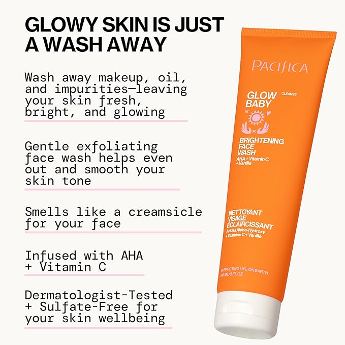 Pacifica Beauty Glow Baby Brightening Face Wash & Enzyme Face Scrub Set, Skincare, Vitamin C, Glycolic Acid, Vitamin E, Facial Cleanser, Exfoliator, Skin Care, Vegan, 5 fl oz and 4 fl oz (Set of 2)