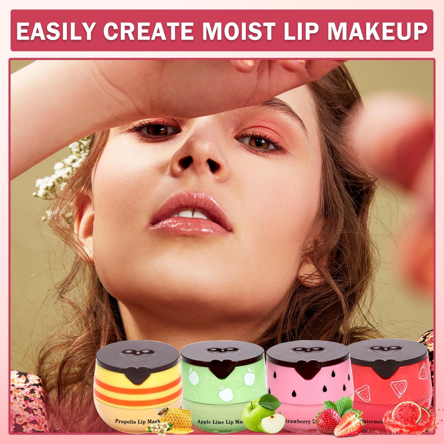 AOAZXBB 4 PCS Bee Lip Balm Honey Pot Honey Lip Balm,Honey Strawberry Watermelon Apple Lip Mask,Sleeping Lip Mask Reduces Lip Lines,Hydrating Exfoliating Lip Balm