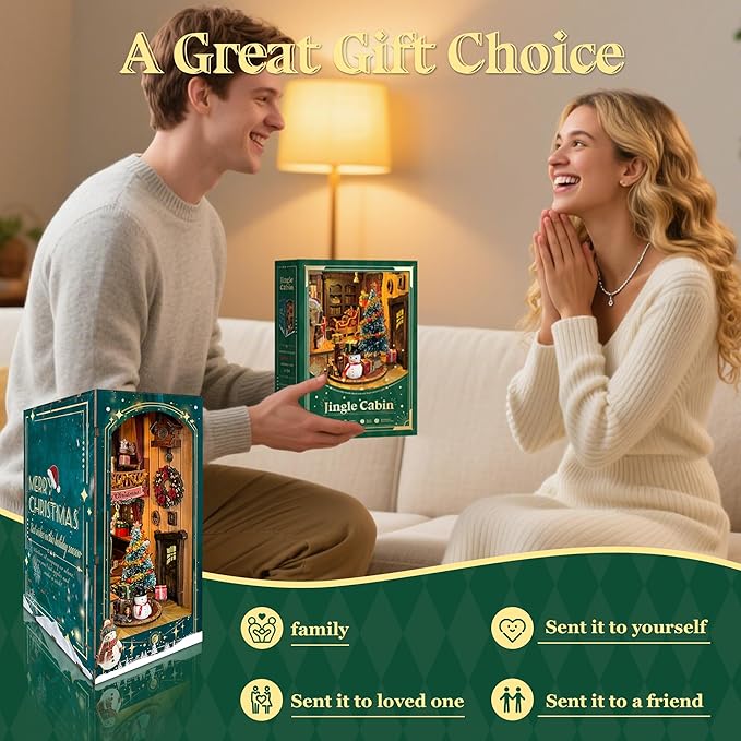 DIY Book Nook Kit - Christmas Wooden Miniature House Kit Rotating Decor, Gift for 14+ Dollhouse Kit - Jingle Cabin (SQ-34)