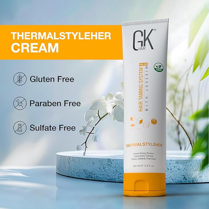 Global Keratin GKhair ThermalStyleHer - 100ml/3.4oz Heat Styling Protection Anti Frizz Hair Cream Thermal Flat Ironing Style Protector for Men & Women (3.4 Ounce)