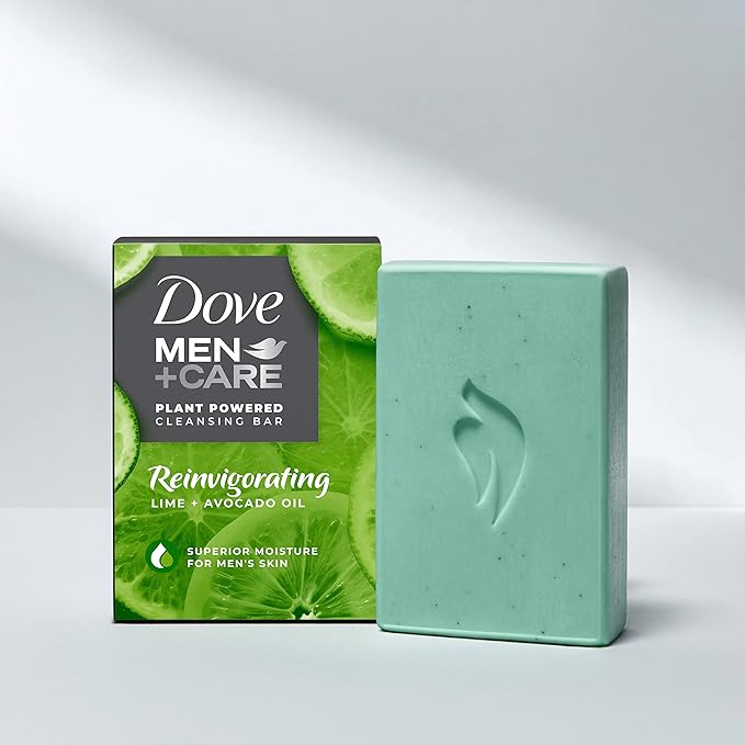 DOVE MEN + CARE Plant-Powered Natural Essential Oil Bar Soap Reinvigorating Lime + Avocado Oil to Clean and Hydrate Mens Skin 4-in-1 Bar Soap for Men's Body, Hair, Face and Shave. 5 oz, 4 Count