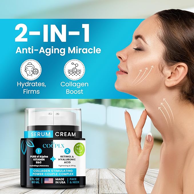 2-in-1 Collagen Booster, Retinol & Hyaluronic Acid Cream & Serum, Anti-Aging, Lifting Skin-Tightening Moisturizer for Men & Women, Neck and Décolleté, Made in USA Daily Moisturizer Face Cream, 2.0 oz