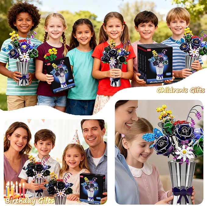 Flowers Bouquet Building Set 982 PCS Multiple Rose Botanical Collection Kit Artificial Flowers Botanical Collection DIY Unique Home&Office Bonsai Decoration Gift for Valentine's Day Christmas