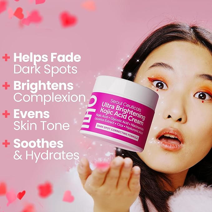 SeoulCeuticals Korean Kojic Acid Cream Dark Spot Remover + Glycolic Acid + Niacinamide + Cica + HA Moisturizer - Cruelty Free K Beauty Skincare 2oz