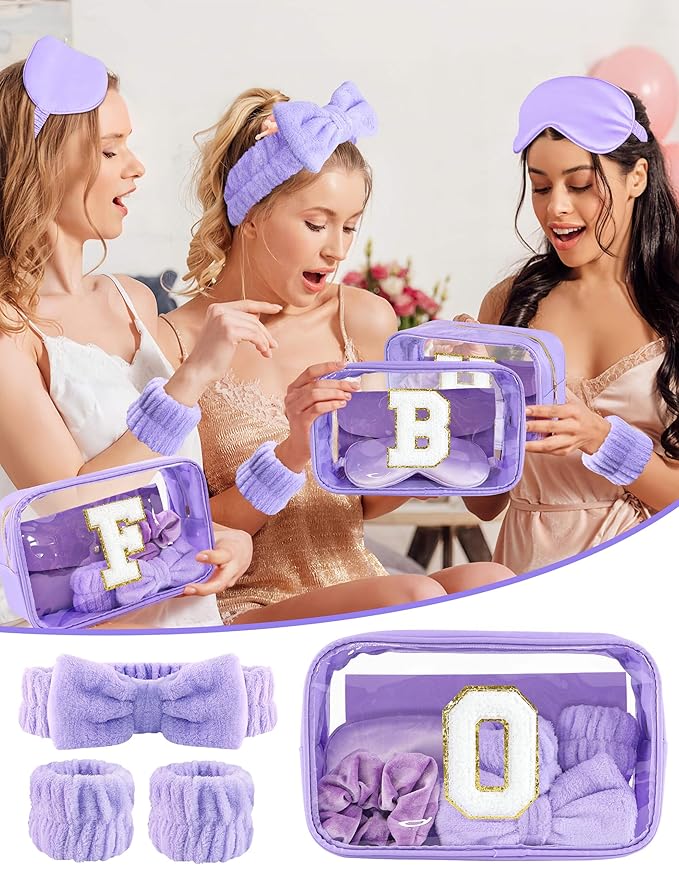Gift Sets for Women, Initial Makeup Bag with Makeup Brush Set Bachelorette Party Favors, Purple Spa Kit with Skincare Headbands Wrist Bands Sleepover Party Supplies Gifts for Teen Girls Bridesmaid O