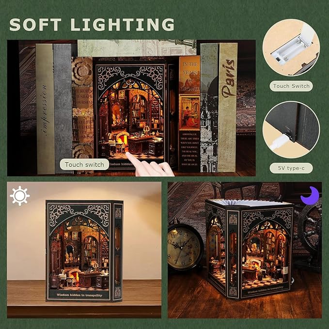 Book Nook Kit with Nightlight – Type-C and Battery Powered DIY Bookshelf Decor, Perfect for Home and Office Gift（Classical Library）