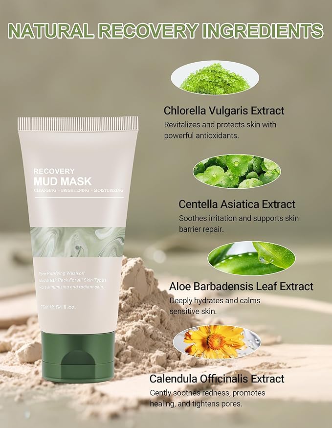 Erinde Recovery Mud Mask - Korean Wash Off Clay Mask for Face & Body, Hydrating & Moisturizing, Deep Pore Cleanser, Oil Control & Pore Minimizer, 2.54 fl oz