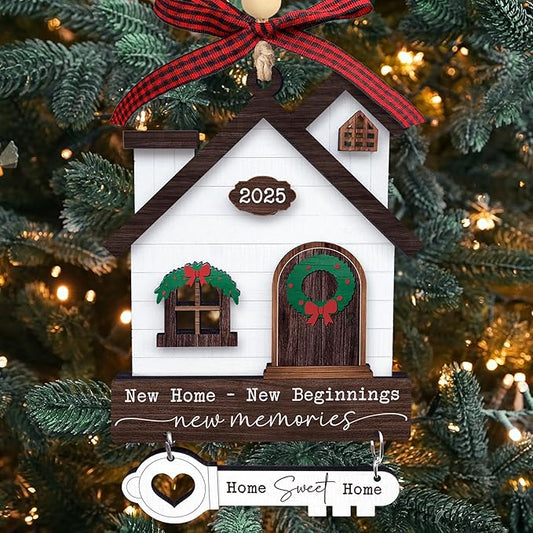 House Warming Gifts New Home Ornament 2025 - Wooden First Christmas in New House Keepsake Gift for Couple, Women, or Families - 3D Wood House & Key Design, Gift Box Included