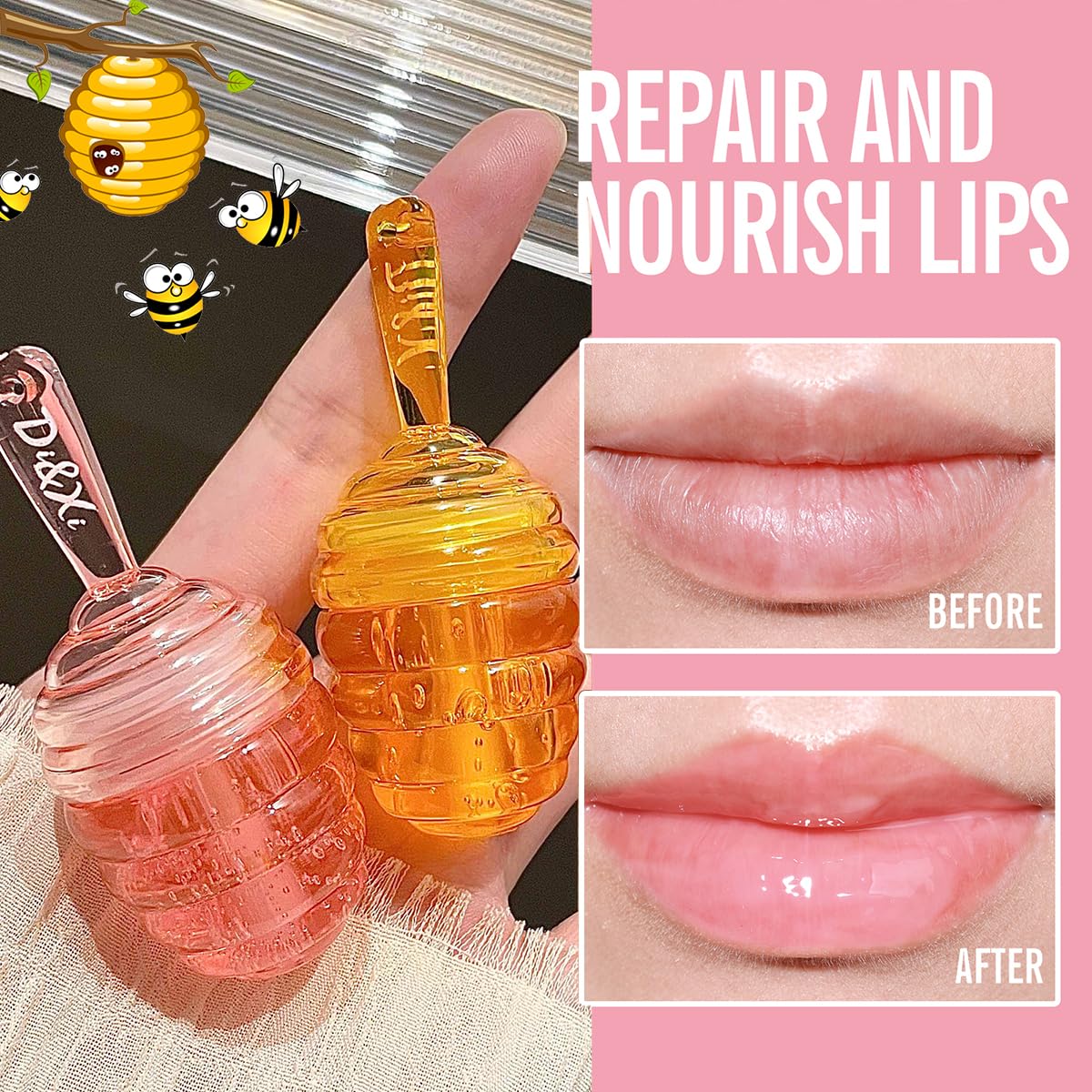 2 PCS Moisturizing Honey Pot Lip Oil Lip Gloss Lip Balm, Moisturizing Propolis Sleeping Lip Mask Hydrating & Prevention Dry, Winter Lip Care Products(Peach+Honey)
