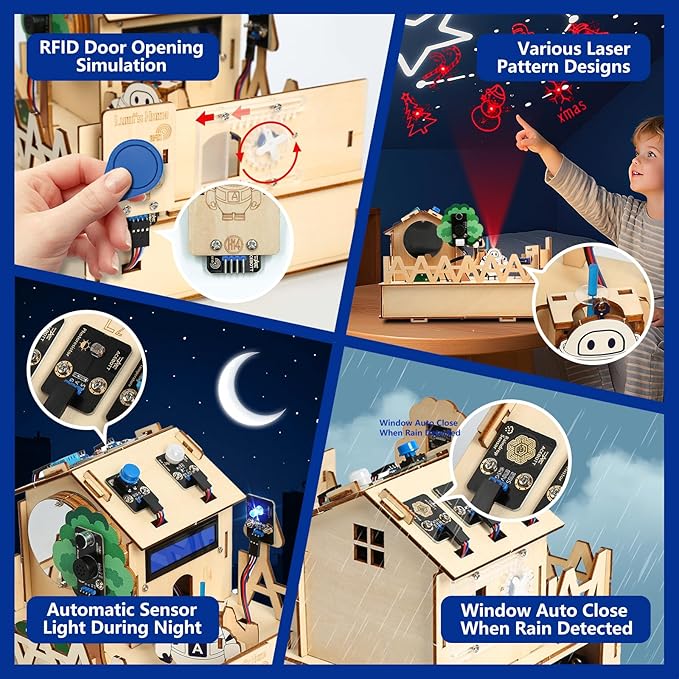 ESP32 IoT STEM Kit for Arduino/Acecode, 3D Wooden Puzzles Smart Home Learner Kit for Kids Age 10+, Educational STEM Toy House DIY Sensor Coding Set, Voice/APP Control, Gift for Adults Teens Boys Girl