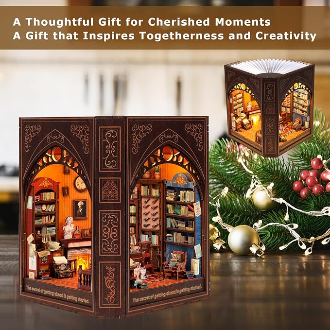 Book Nook Kit for Adults and Teens – DIY 3D Wooden Dollhouse Puzzle with LED Light, Mark Twain’s Library Miniature House Bookshelf Insert Decor