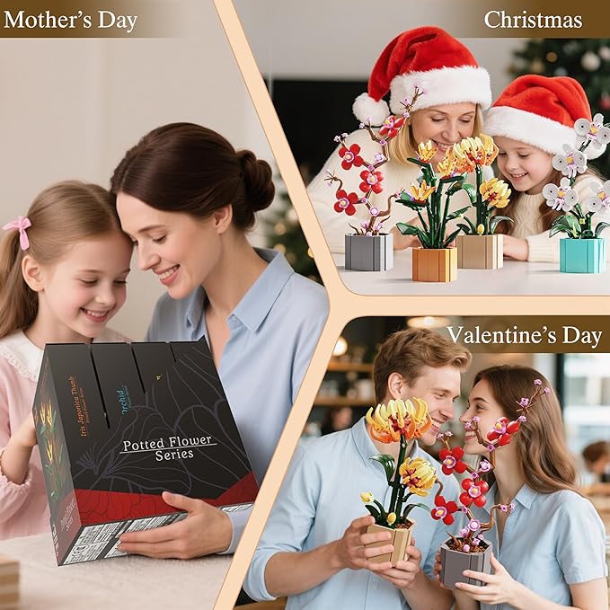 Flower Bouquet Building Blocks 4 Set, Artificial Flowers Toys Botanical Collection DIY Unique Home&Office Bonsai Decoration Adults, Teen Girls for Birthday