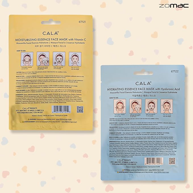 Face Mask Gift Set -10 Items- Cala Collagen, Cucumber, Aloe Vera, Vitamin C, and Hyaluronic Acid Face Masks, Eye Patches, and Foot Masks. Includes Gift Bag and Custom Shower Cap.