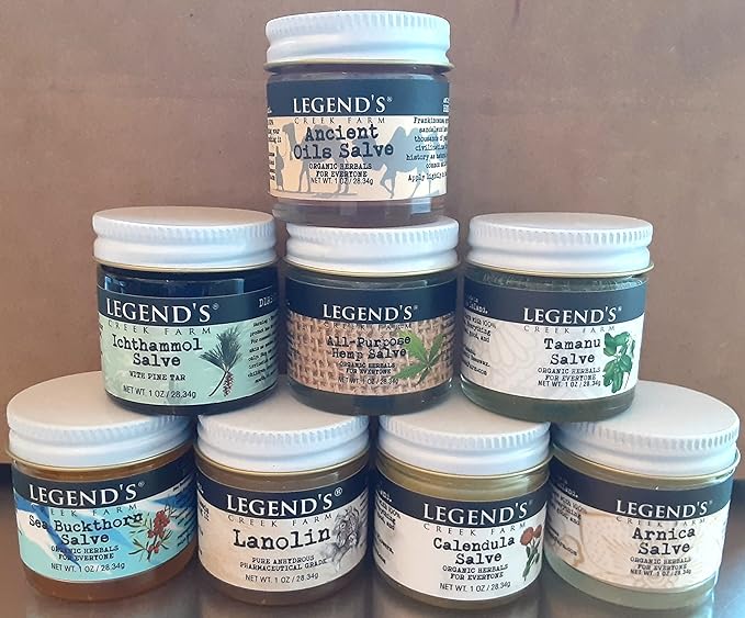 Legend's Creek Farm Herbal Salve Bundle 8 Pack - Pack of 1 oz. Healing Ointment with Ichthammol, Calendula, All-Purpose Hemp, Sea Buckthorn, Tamanu & Hemp, Arnica, Ancient Oil, Lanolin (8 Jars)