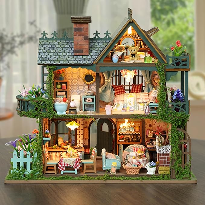 ISSEVE DIY Miniature House Kit, Tiny House Dollhouse Kit for Adults, Mini House Building Kits, Halloween Christmas Home Bookshelf Decoration, Gifts for Family and Friends (Fairy Garden House)