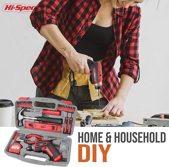 Hi-Spec 35pc Red Tool Kit with 3.6V USB Electric Screwdriver and Drill Set. Complete Basic Tool Set