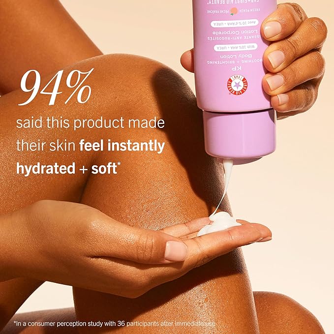 First Aid Beauty - KP Smoothing + Brightening Body Lotion with 10% AHA, Lactic Acid, Urea + Colloidal Oatmeal, Exfoliate & Moisturize, Banish Keratosis Pilaris Bumps, NEW Peach Scent (6. 7 fl oz)