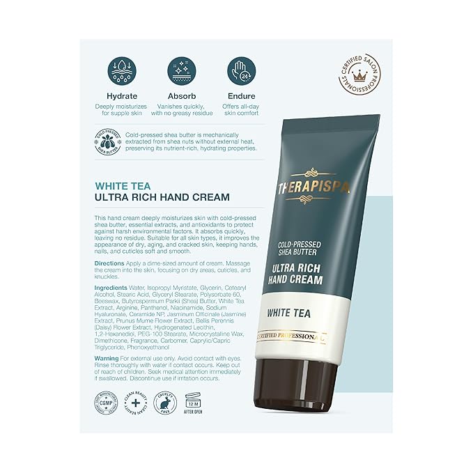 Ultra Rich Hand Cream – Intensive Hydration & Repair for Dry, Chapped Hands | Enriched with Shea Butter, Ceramides, Niacinamide (B3) & Panthenol (B5) (White Tea, 2.0 oz, Pack of 5)