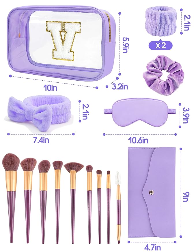 Gift Sets for Women, Initial Makeup Bag with Makeup Brush Set Bachelorette Party Favors, Purple Spa Kit with Skincare Headbands Wrist Bands Sleepover Party Supplies Gifts for Teen Girls Bridesmaid V