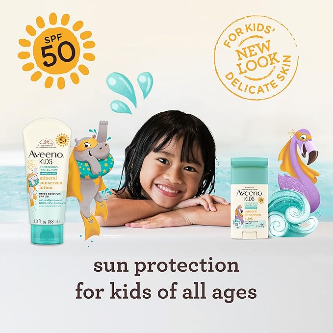 Aveeno Kids Continuous Protection Zinc Oxide Mineral Sunscreen Stick for Sensitive Skin, Face & Body Sunscreen Stick for Kids with Broad Spectrum SPF 50, Sweat- & Water-Resistant, 1.5 oz